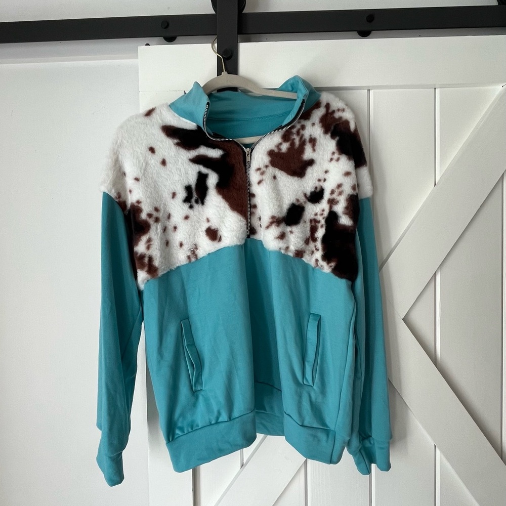 Aqua Blue Fleece-Trim Half-Zip Jacket